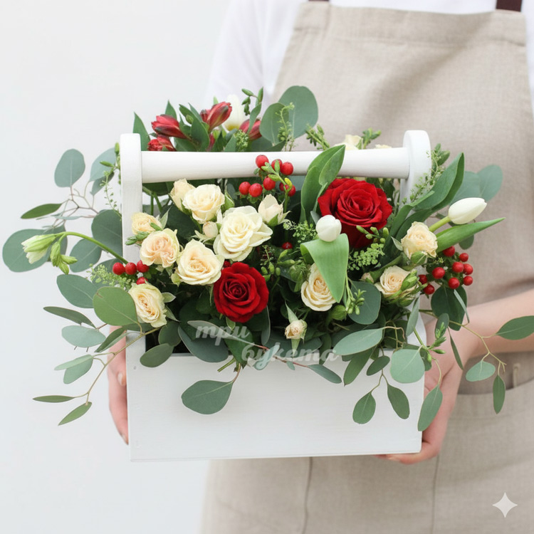 Розы и тюльпаны в ящичке