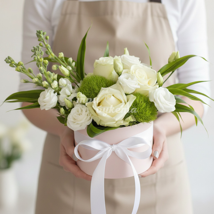 Белые розы и эустомы в коробке