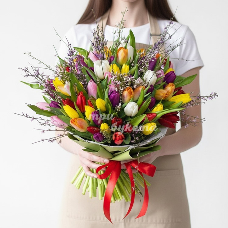 Букет на 8 марта из 67 тюльпанов